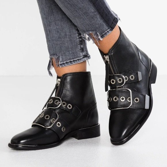 TOPSHOP Front Zip Buckle Combat Moto Ankle Leather Boots - Picture 2 of 9